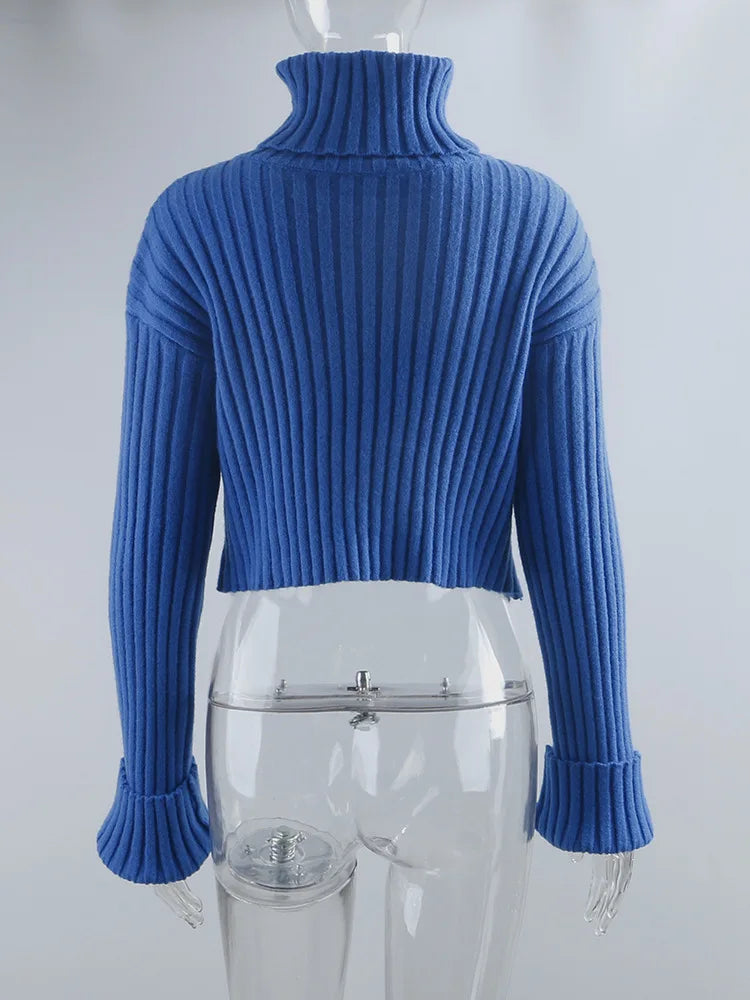 Sweaters- Cozy Blue Turtleneck Crop Sweater Loose Jumper- - IndioGear.com