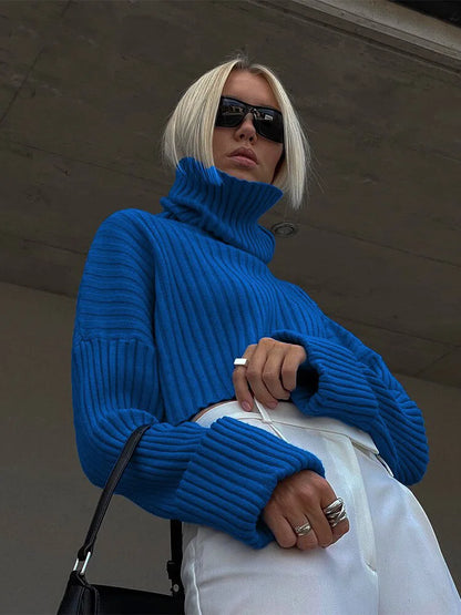 Sweaters- Cozy Blue Turtleneck Crop Sweater Loose Jumper- - IndioGear.com