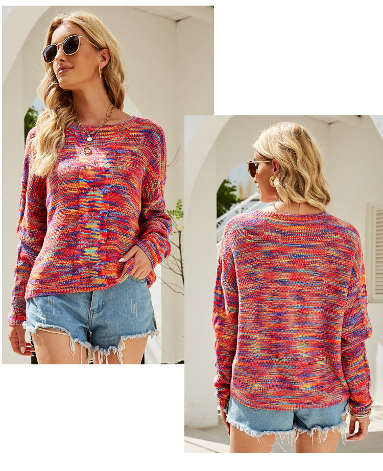 Sweaters- Cozy Loose Multicolor Knit Sweater Knitwear- - IndioGear.com