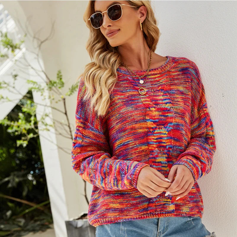 Sweaters- Cozy Loose Multicolor Knit Sweater Knitwear- - IndioGear.com