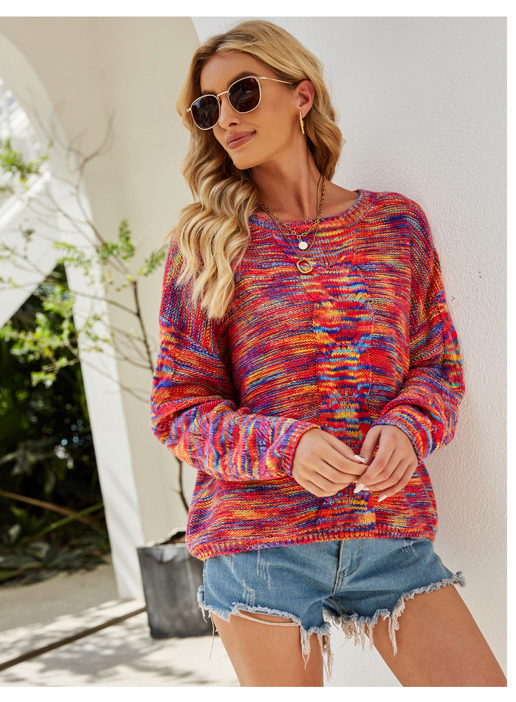 Sweaters- Cozy Loose Multicolor Knit Sweater Knitwear- - IndioGear.com