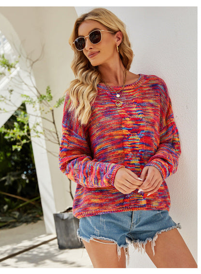 Sweaters- Cozy Loose Multicolor Knit Sweater Knitwear- - IndioGear.com