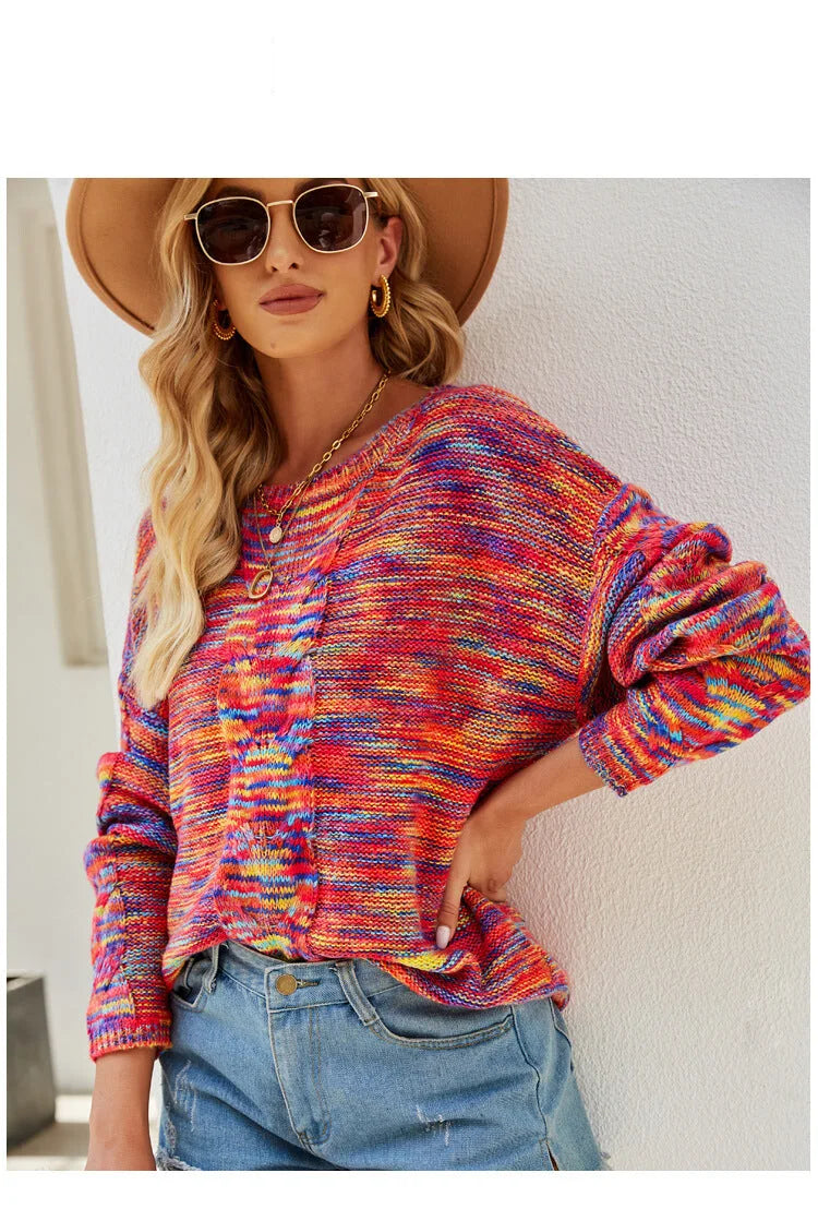 Sweaters- Cozy Loose Multicolor Knit Sweater Knitwear- - IndioGear.com