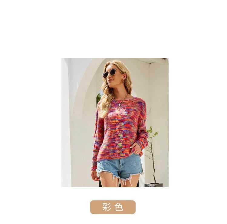 Sweaters- Cozy Loose Multicolor Knit Sweater Knitwear- - IndioGear.com