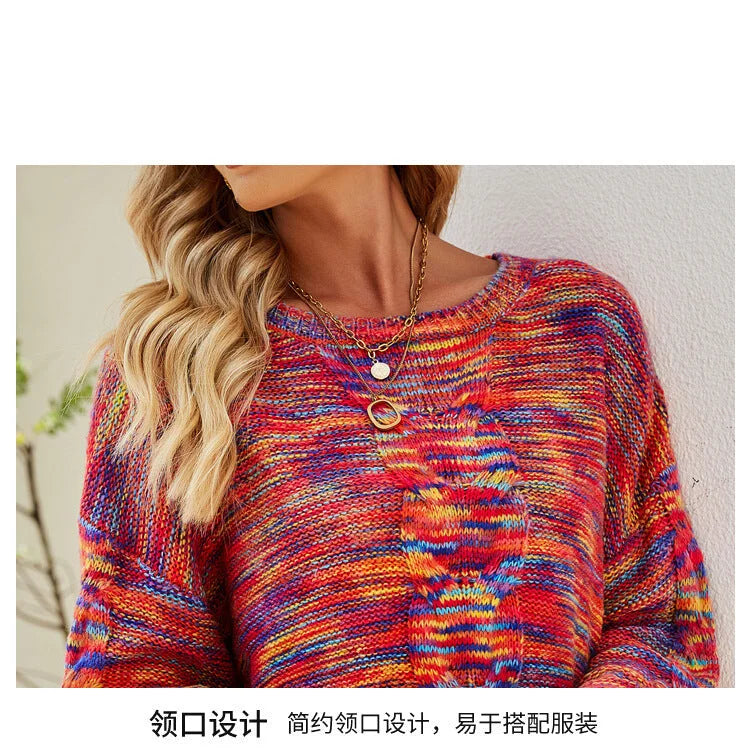 Sweaters- Cozy Loose Multicolor Knit Sweater Knitwear- - IndioGear.com