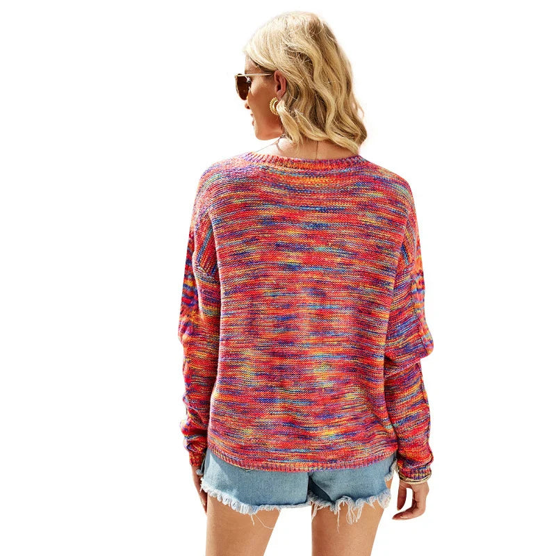 Sweaters- Cozy Loose Multicolor Knit Sweater Knitwear- - IndioGear.com