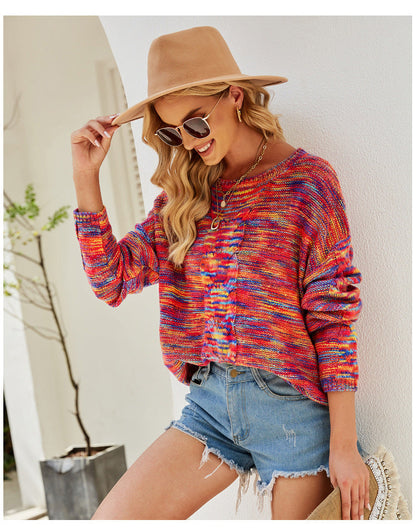 Sweaters- Cozy Loose Multicolor Knit Sweater Knitwear- - IndioGear.com