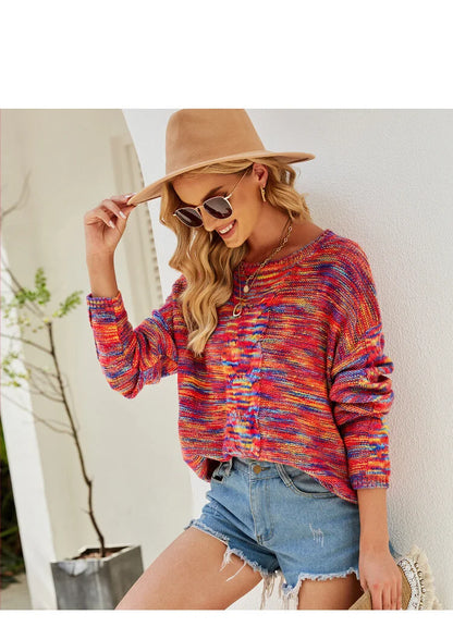 Sweaters- Cozy Loose Multicolor Knit Sweater Knitwear- - IndioGear.com