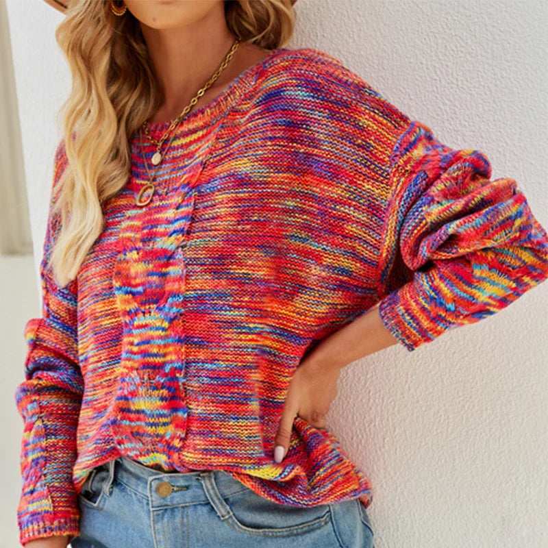 Sweaters- Cozy Loose Multicolor Knit Sweater Knitwear- - IndioGear.com