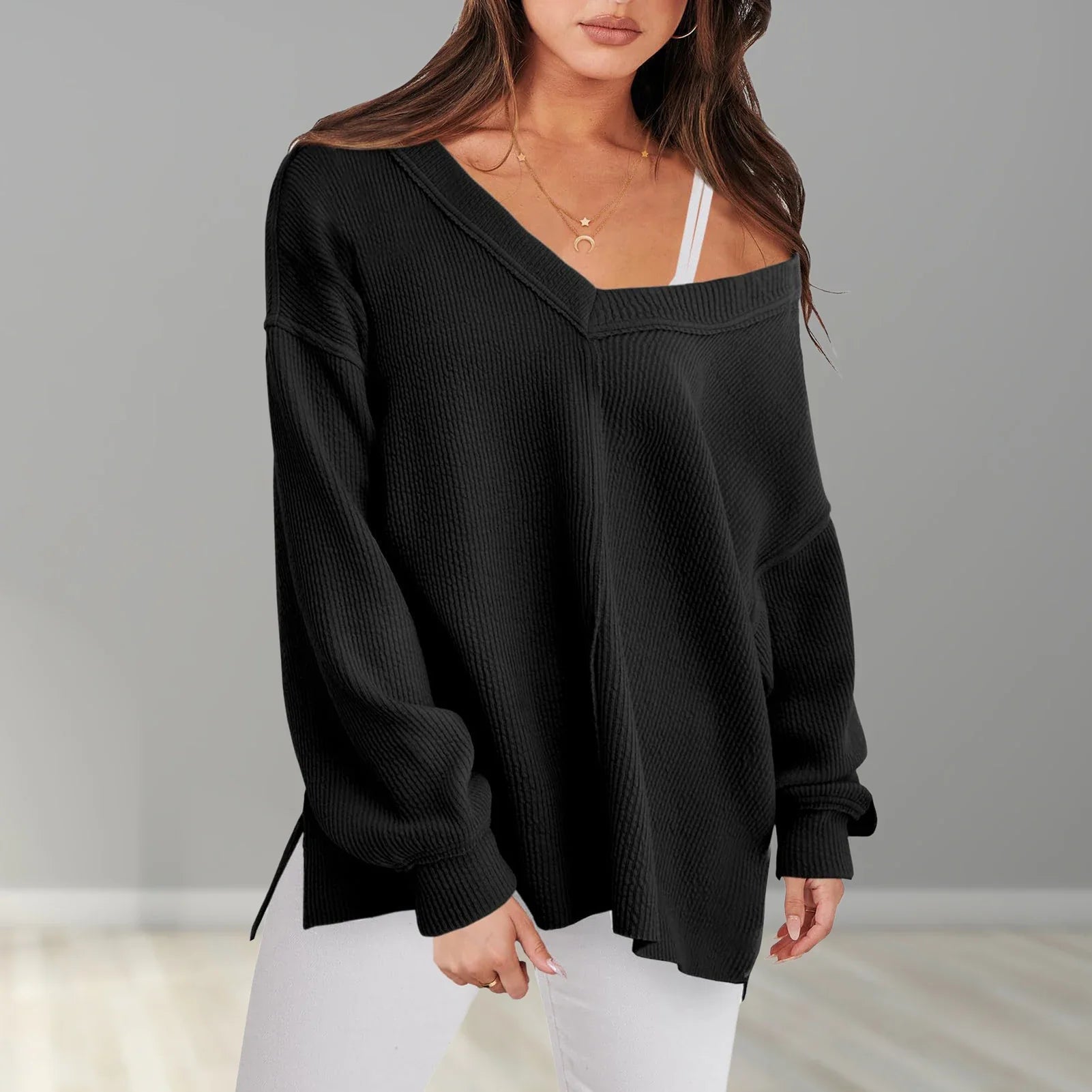 Sweaters- Cozy Oversized V-Neck Sweater for Easy Layering- - Chuzko Women Clothing