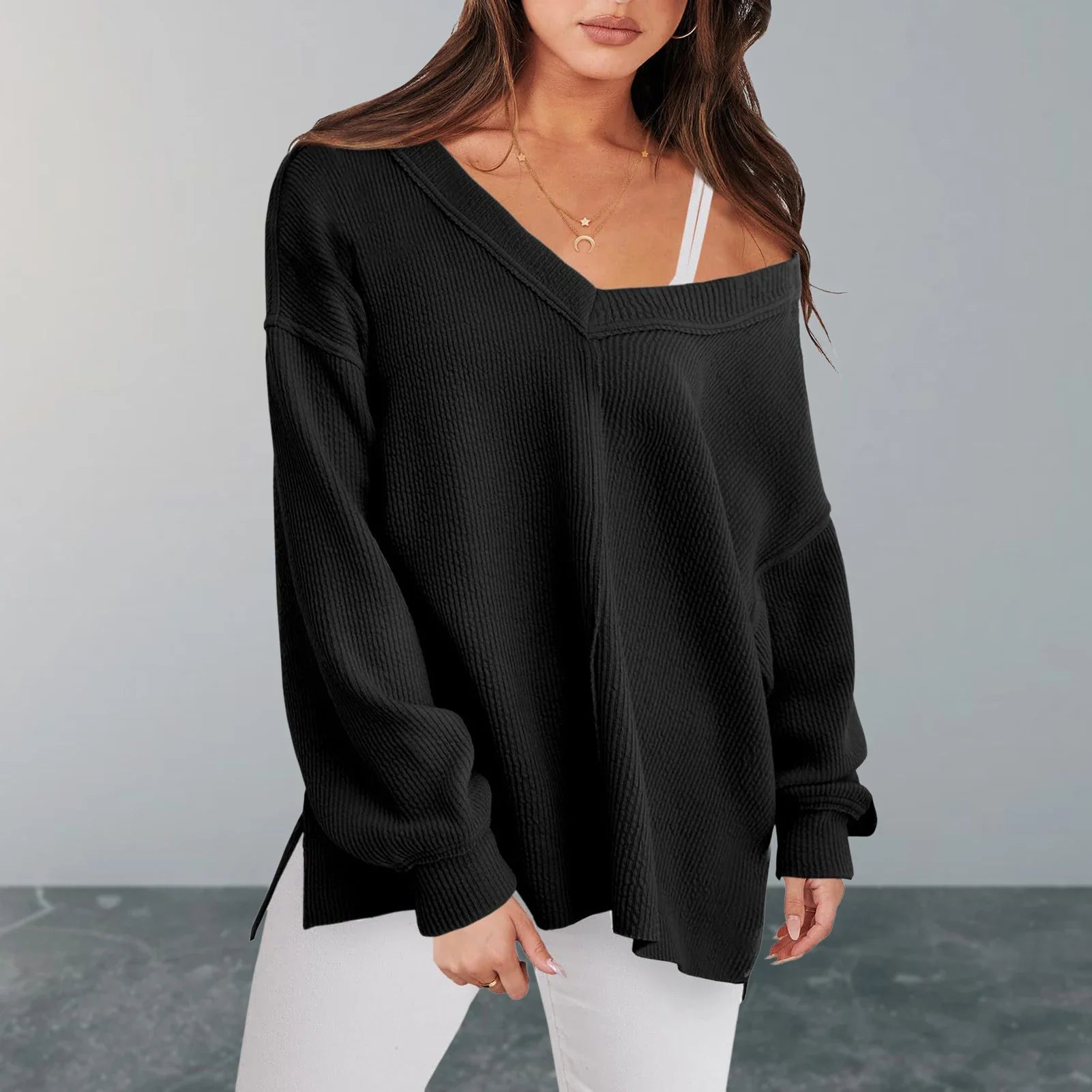 Sweaters- Cozy Oversized V-Neck Sweater for Easy Layering- - Chuzko Women Clothing