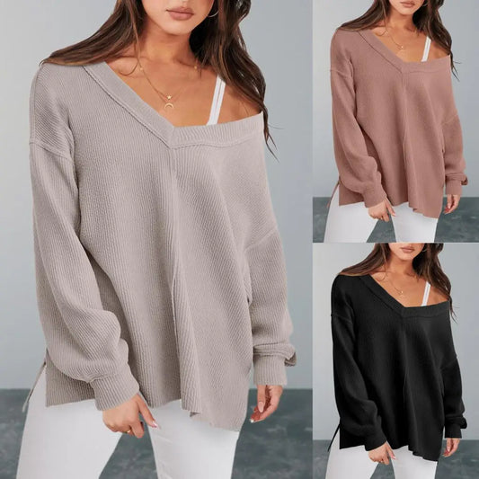 Sweaters- Cozy Oversized V-Neck Sweater for Easy Layering- - Chuzko Women Clothing