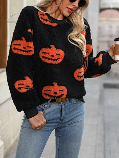 Sweaters- Cozy Plush Halloween Pumpkin Sweater- - IndioGear.com