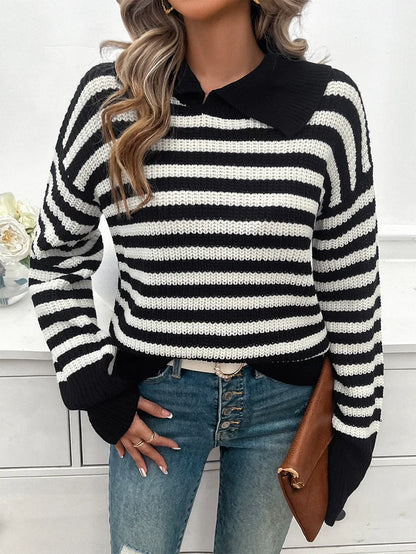 Sweaters- Cozy Stripe Knit Women's Peter Pan Collar Sweater- - IndioGear.com