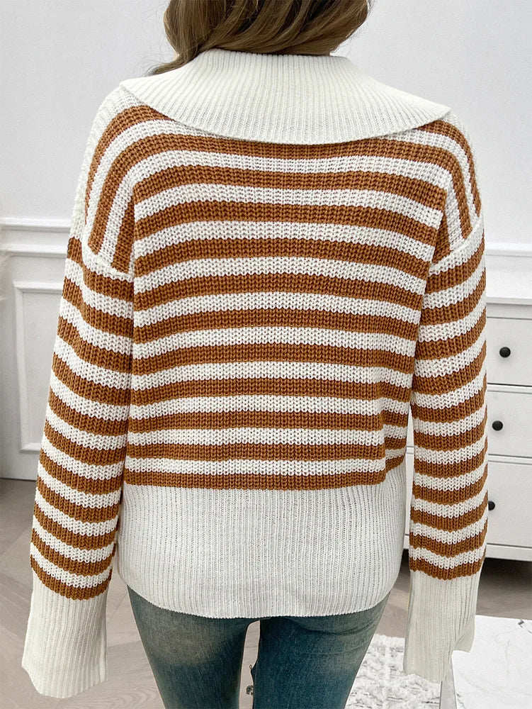 Sweaters- Cozy Stripe Knit Women's Peter Pan Collar Sweater- - IndioGear.com