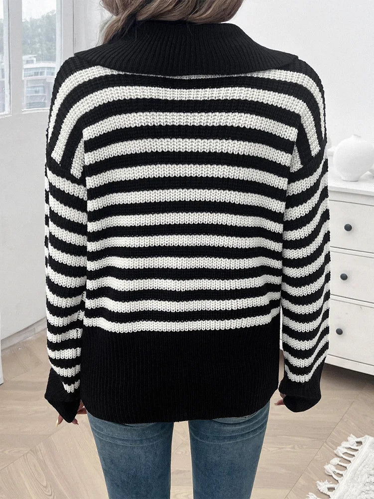 Sweaters- Cozy Stripe Knit Women's Peter Pan Collar Sweater- - IndioGear.com