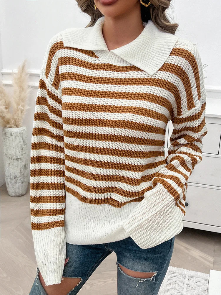 Sweaters- Cozy Stripe Knit Women's Peter Pan Collar Sweater- Camel- IndioGear.com