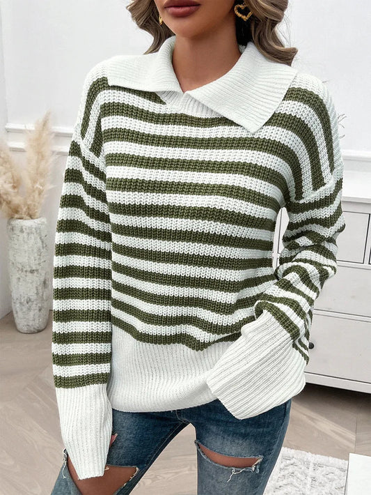 Sweaters- Cozy Stripe Knit Women's Peter Pan Collar Sweater- Green- IndioGear.com