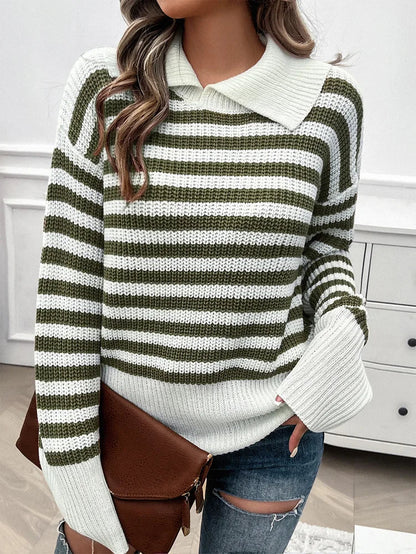 Sweaters- Cozy Stripe Knit Women's Peter Pan Collar Sweater- - IndioGear.com