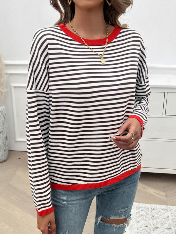 Sweaters- Cozy Stripe Women's Drop-Shoulder Sweater Pullover- - IndioGear.com