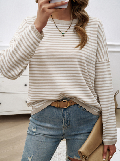 Sweaters- Cozy Stripe Women's Drop-Shoulder Sweater Pullover- - IndioGear.com