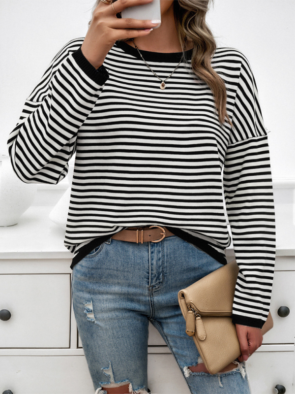 Sweaters- Cozy Stripe Women's Drop-Shoulder Sweater Pullover- - IndioGear.com