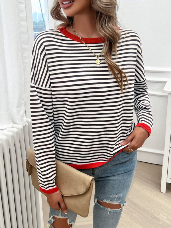 Sweaters- Cozy Stripe Women's Drop-Shoulder Sweater Pullover- - IndioGear.com