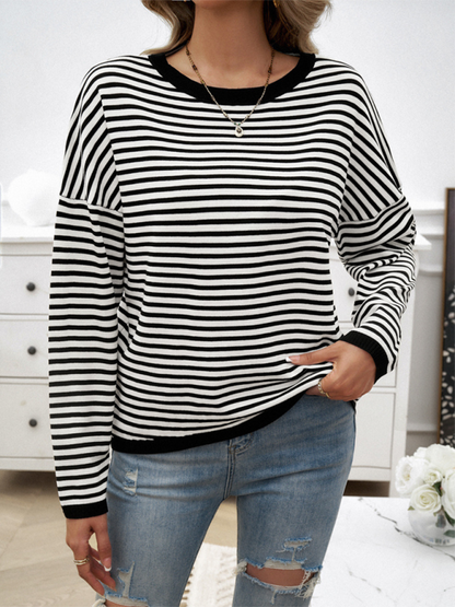 Sweaters- Cozy Stripe Women's Drop-Shoulder Sweater Pullover- - IndioGear.com