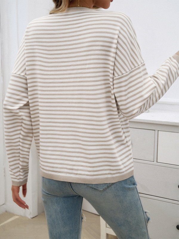 Sweaters- Cozy Stripe Women's Drop-Shoulder Sweater Pullover- - IndioGear.com