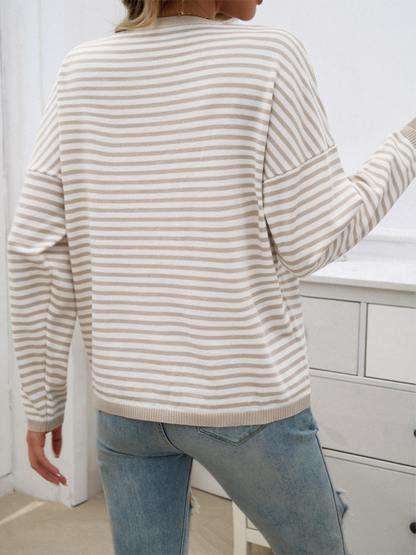 Sweaters- Cozy Stripe Women's Drop-Shoulder Sweater Pullover- - IndioGear.com