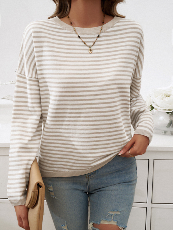 Sweaters- Cozy Stripe Women's Drop-Shoulder Sweater Pullover- - IndioGear.com