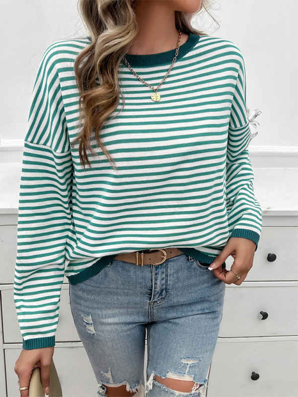 Sweaters- Cozy Stripe Women's Drop-Shoulder Sweater Pullover- - IndioGear.com