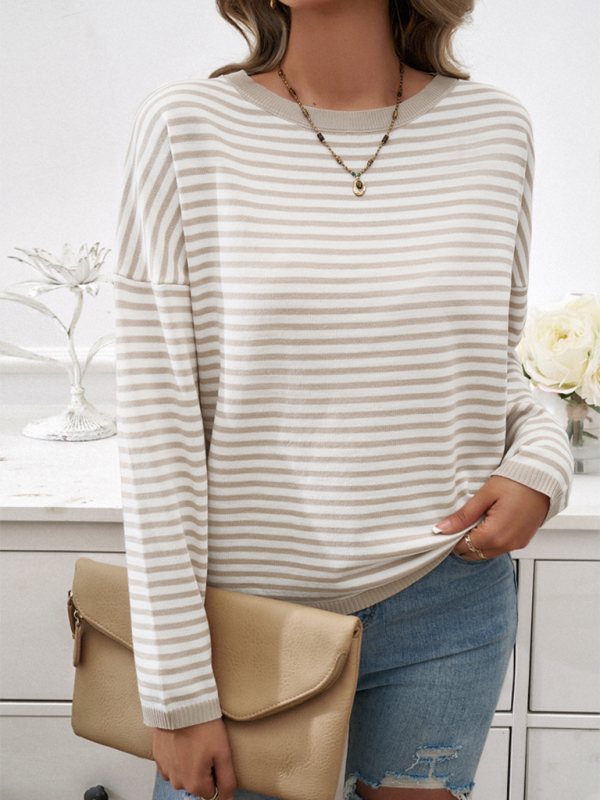 Sweaters- Cozy Stripe Women's Drop-Shoulder Sweater Pullover- - IndioGear.com