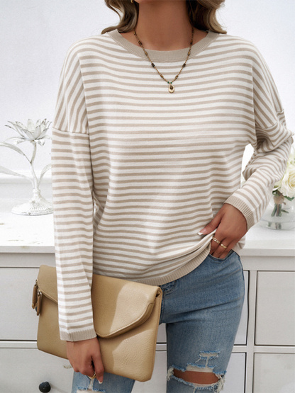 Sweaters- Cozy Stripe Women's Drop-Shoulder Sweater Pullover- - IndioGear.com