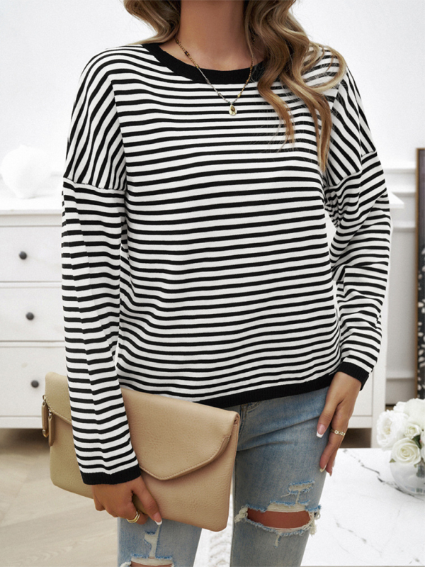 Sweaters- Cozy Stripe Women's Drop-Shoulder Sweater Pullover- - IndioGear.com