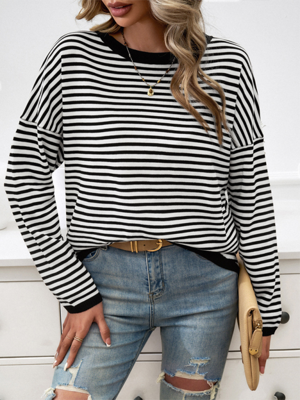 Sweaters- Cozy Stripe Women's Drop-Shoulder Sweater Pullover- - IndioGear.com