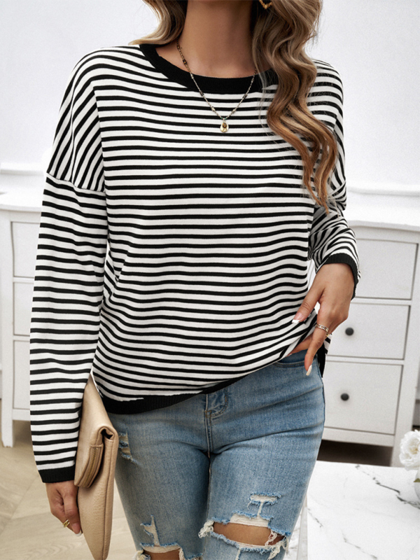 Sweaters- Cozy Stripe Women's Drop-Shoulder Sweater Pullover- - IndioGear.com