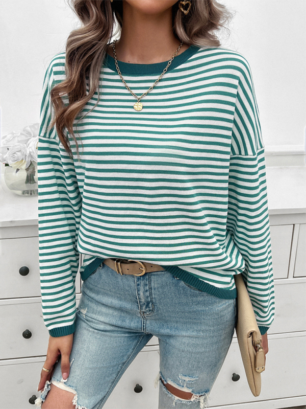 Sweaters- Cozy Stripe Women's Drop-Shoulder Sweater Pullover- - IndioGear.com