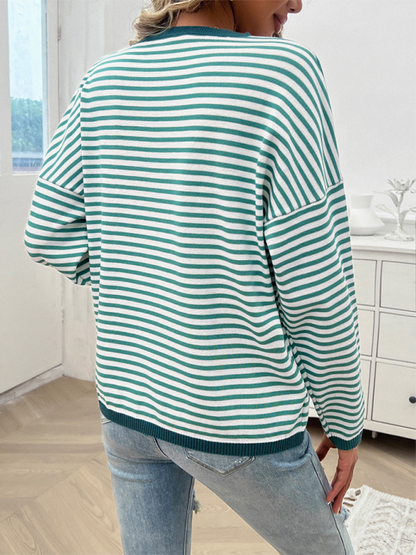 Sweaters- Cozy Stripe Women's Drop-Shoulder Sweater Pullover- - IndioGear.com