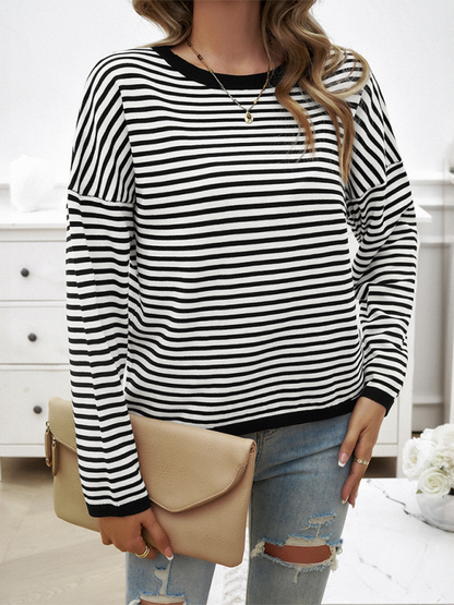 Sweaters- Cozy Stripe Women's Drop-Shoulder Sweater Pullover- Black- IndioGear.com