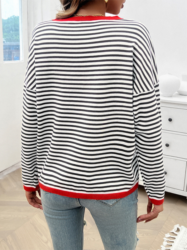 Sweaters- Cozy Stripe Women's Drop-Shoulder Sweater Pullover- - IndioGear.com