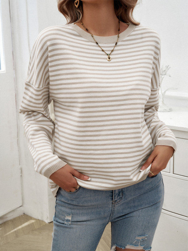 Sweaters- Cozy Stripe Women's Drop-Shoulder Sweater Pullover- - IndioGear.com