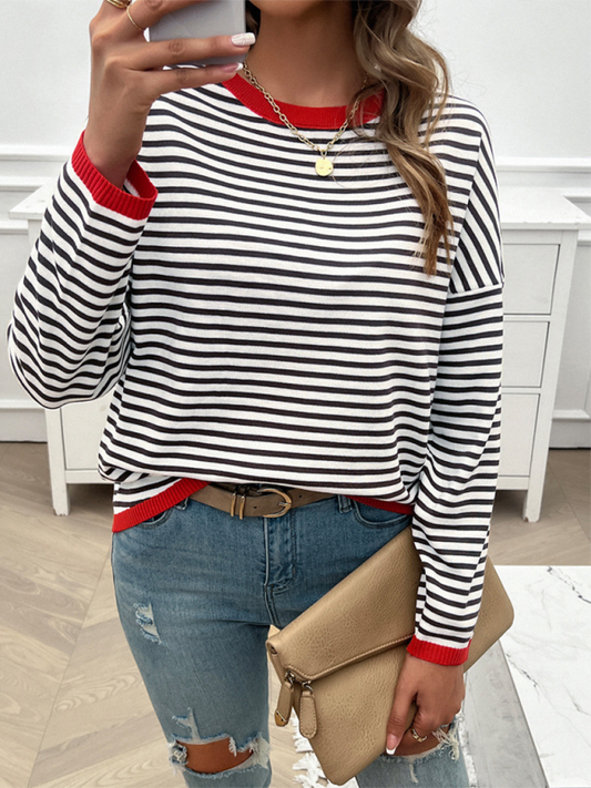 Sweaters- Cozy Stripe Women's Drop-Shoulder Sweater Pullover- Red- IndioGear.com