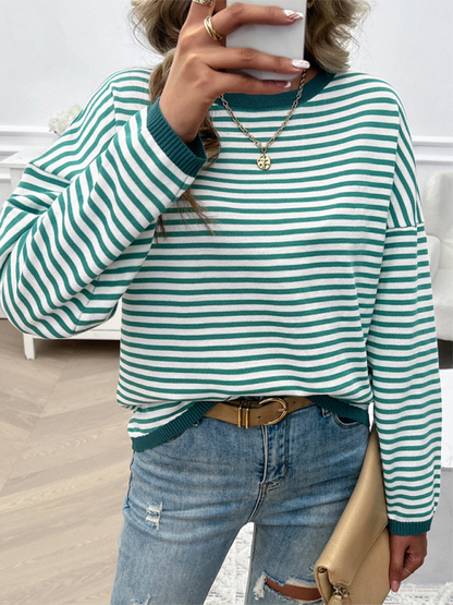 Sweaters- Cozy Stripe Women's Drop-Shoulder Sweater Pullover- Green- IndioGear.com