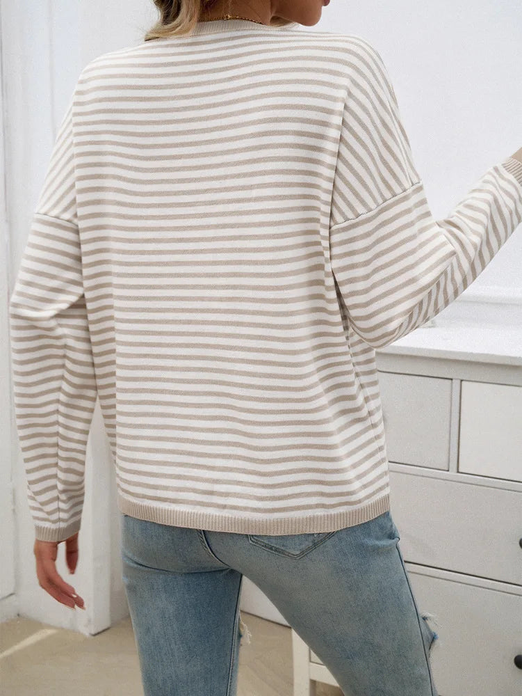 Sweaters- Cozy Striped Knit Women's Loose Drop Shoulder Sweater- - IndioGear.com