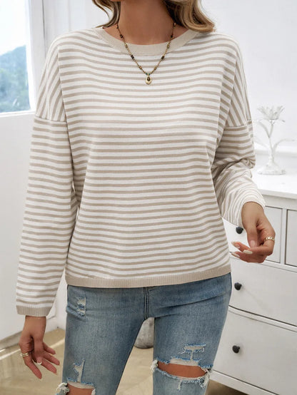 Sweaters- Cozy Striped Knit Women's Loose Drop Shoulder Sweater- Apricot- IndioGear.com