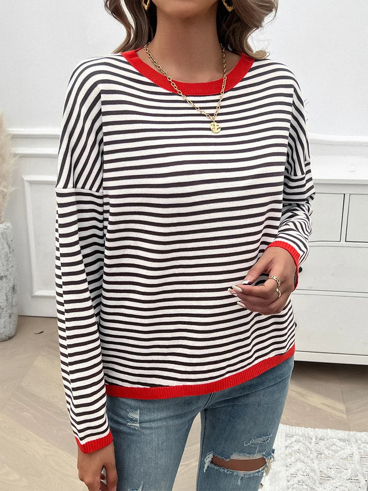 Sweaters- Cozy Striped Knit Women's Loose Drop Shoulder Sweater- Red- IndioGear.com