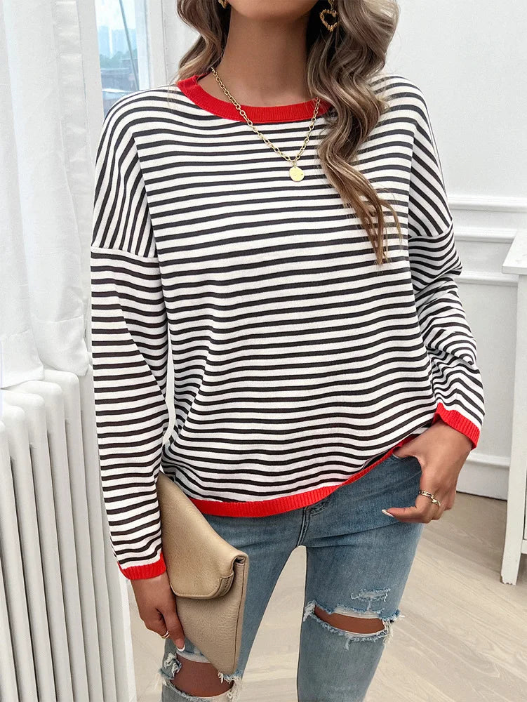 Sweaters- Cozy Striped Knit Women's Loose Drop Shoulder Sweater- - IndioGear.com