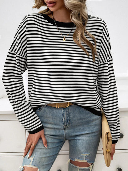 Sweaters- Cozy Striped Knit Women's Loose Drop Shoulder Sweater- - IndioGear.com