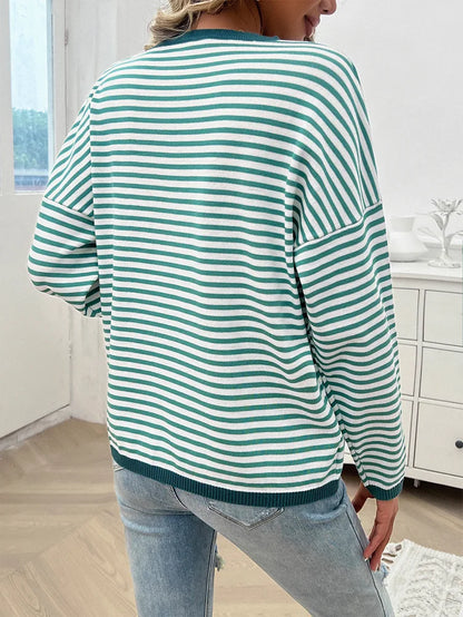 Sweaters- Cozy Striped Knit Women's Loose Drop Shoulder Sweater- - IndioGear.com